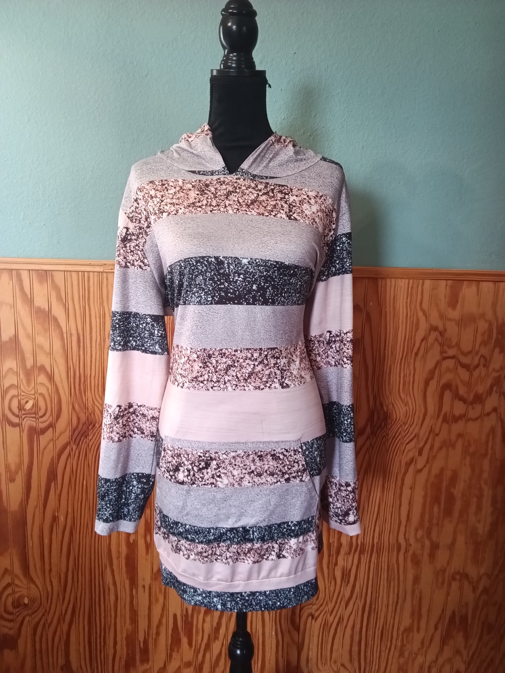 Striped Hooded Long Sleeve Tunic in Pink, Gray & Black